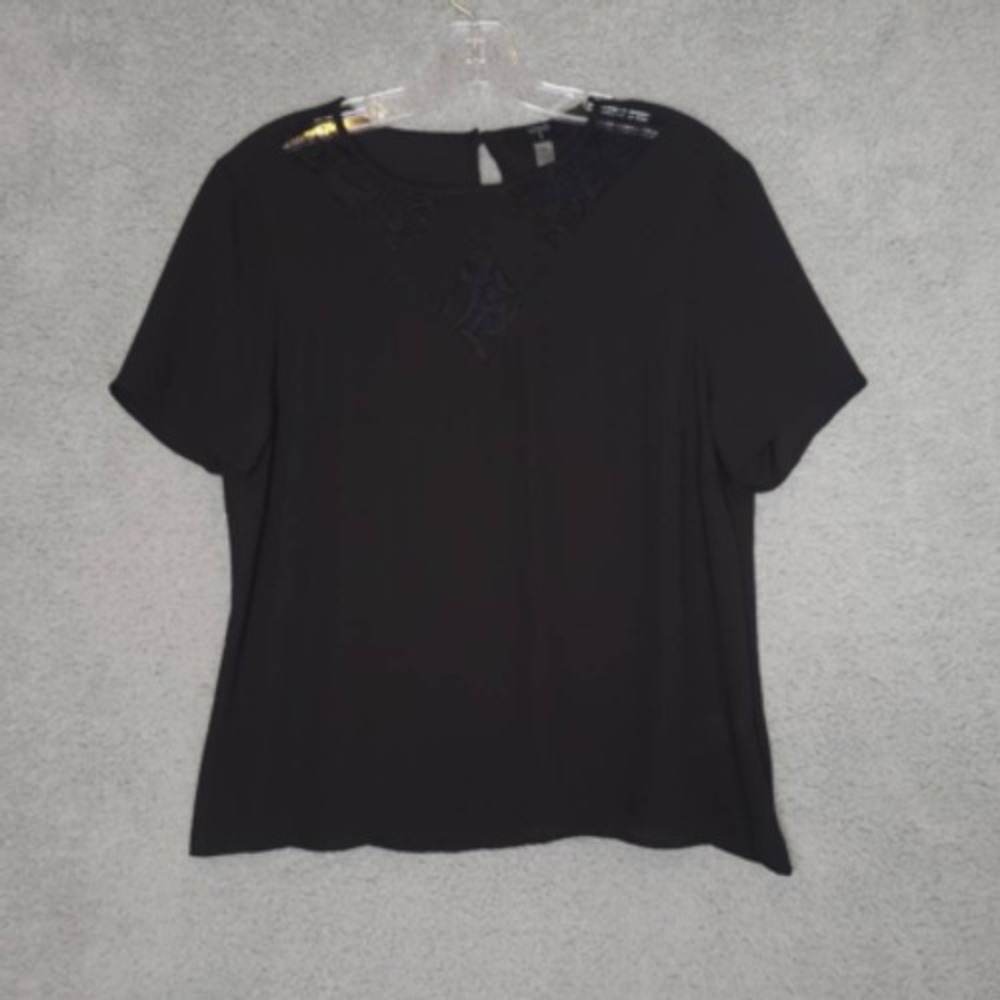 Tahari Shirt Womens Blouse Black Scoop Neck Lace Preppy M New